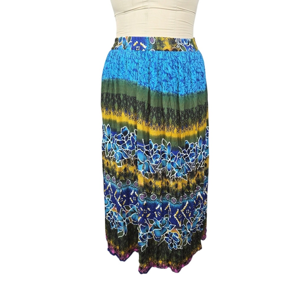 Chaudry Boho Maxi‎ Skirt Floral Print Blue Yellow Green Women's Small Festival